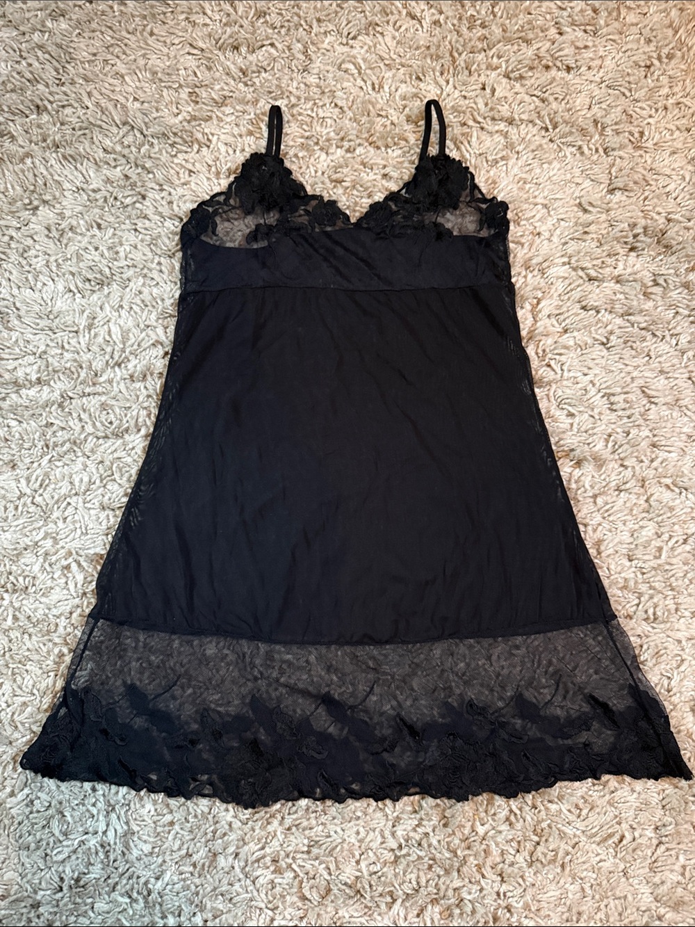 Sheer Black Floral Lace Trim Slip Nightdress